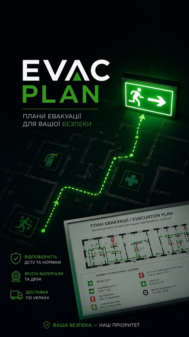 Темний рекламний макет EVAC PLAN з підсвіченим маршрутом і планом у рамці